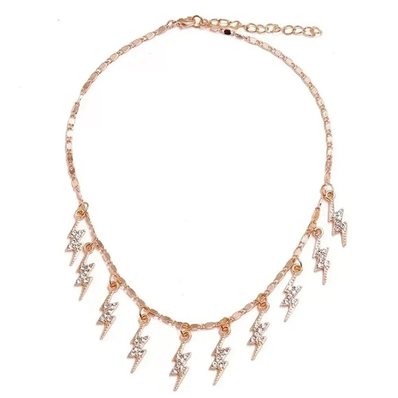 NEW! 18K Gold Plated Box Chain CZ Lightening Bolt Charm Tassel Choker Necklace - Picture 6 of 6